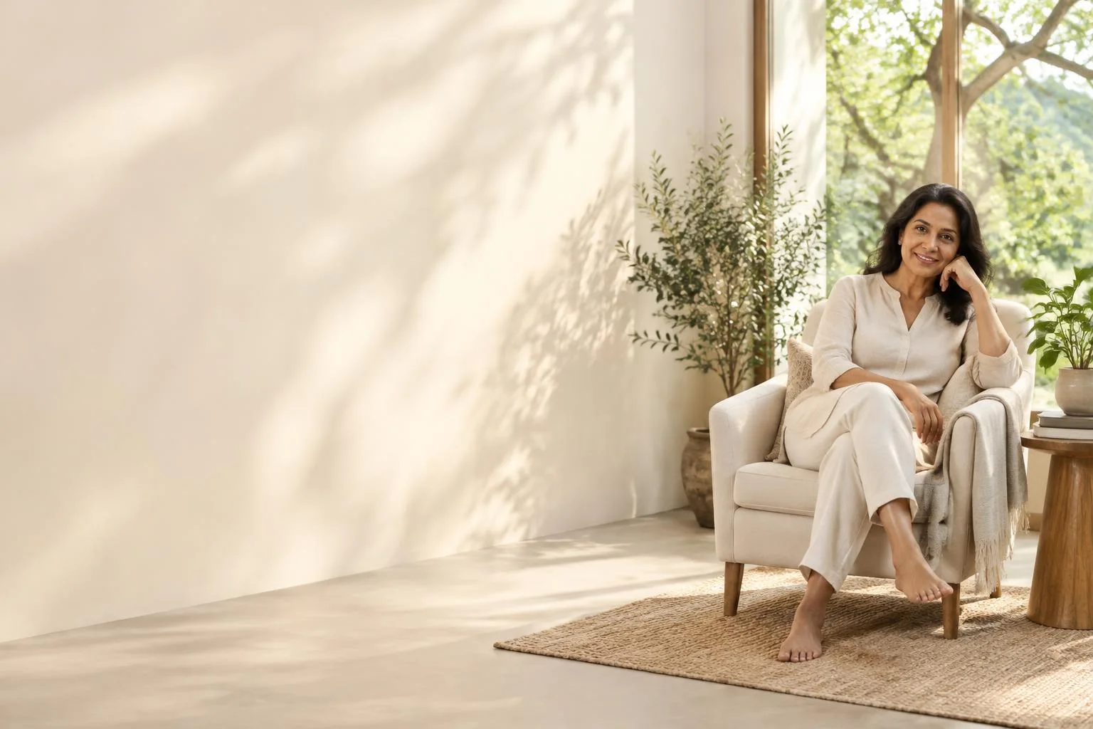 Illustrative wellness photograph of a woman enjoying a comfortable moment of relaxation